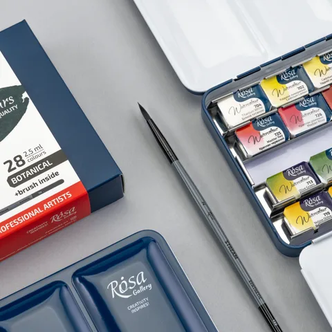 Набір акварельних фарб з пензлем BOTANICAL 28×2,5мл кювета Індіго металевий пенал ROSA Gallery — Photo 14