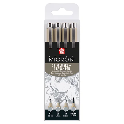 Набір лінерів PIGMA MICRON 4шт, (0.1/0.5/10/лінер-пензель Pigma Brush), Сірий, Світлий, Sakura — Photo 3