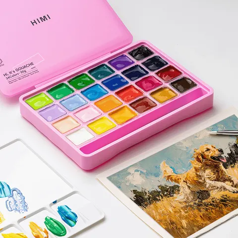 Набір гуашевих фарб HIMI Jelly Cup 24x30 мл, 3 пензлі, рожевий пластиковий пенал — Photo 18