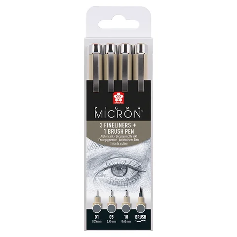 Набір лінерів PIGMA MICRON 4шт, (0.1/0.5/10/лінер-пензель Pigma Brush), Сірий, Sakura — Photo 3