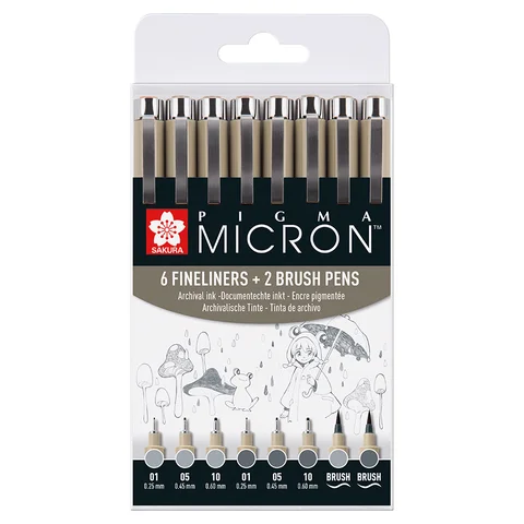Набір лінерів PIGMA MICRON 8шт, (0.1/0.5/10/лінер-пензель Pigma Brush), Сірий/Сірий світлий, Sakura — Photo 3