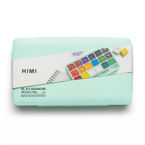 Набір гуашевих фарб HIMI Jelly Cup 18x30 мл, 3 пензлі, зелений пластиковий пенал — Photo 9