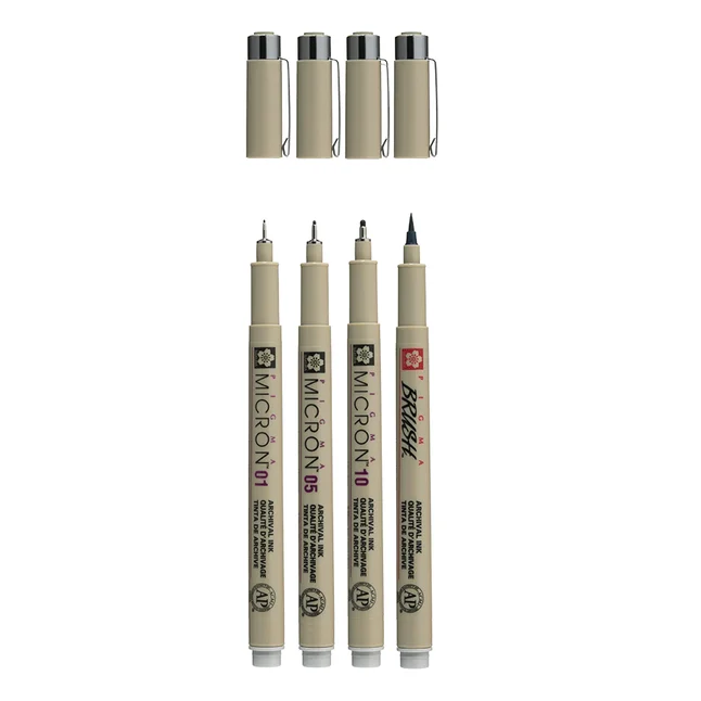 Набір лінерів PIGMA MICRON 4шт, (0.1/0.5/10/лінер-пензель Pigma Brush), Сірий, Світлий, Sakura — Photo 2