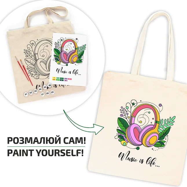 Набір, екосумка-розмальовка, „Music is Life“, бавовна 220 г/м2, 38х42см, ROSA Talent — Photo 1