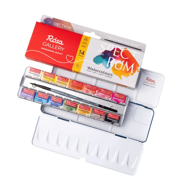 Набір акварельних фарб з пензлем SPECTRUM 14×2,5мл кювета Індіго металевий пенал ROSA Gallery