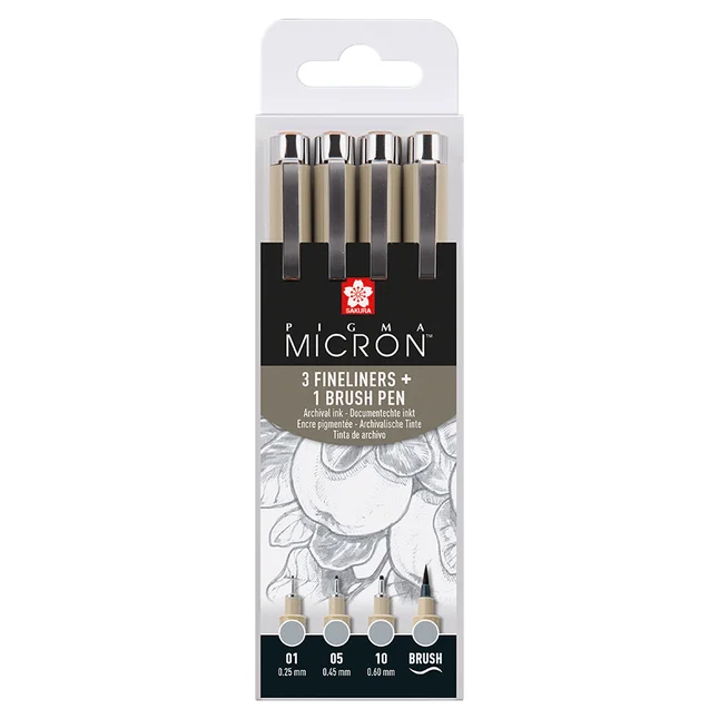 Набір лінерів PIGMA MICRON 4шт, (0.1/0.5/10/лінер-пензель Pigma Brush), Сірий, Світлий, Sakura