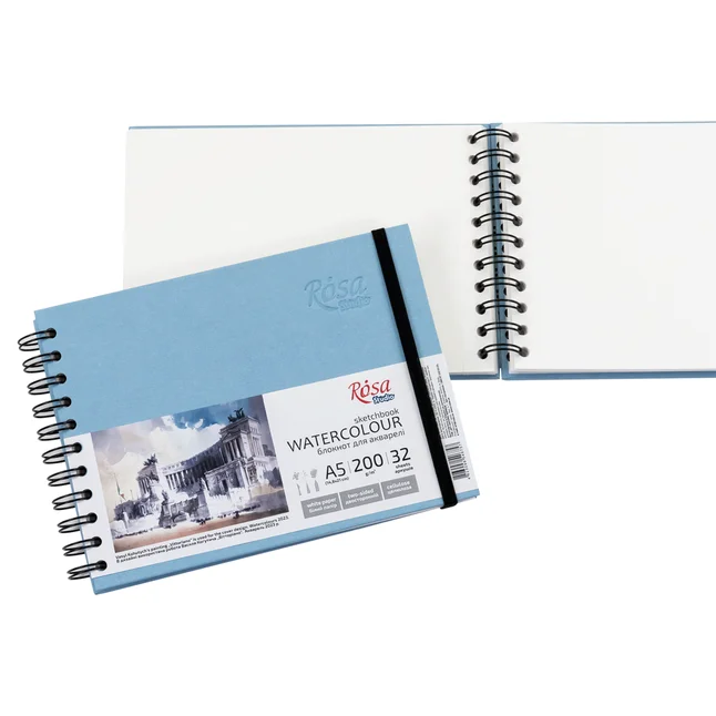 Блокнот для акварелі ROSA Studio Watercolor A5, 200 г/м², 32 арк., горизонтальний, на спіралі (блакитний) — Photo 1
