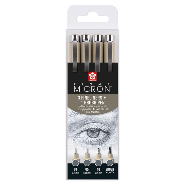 Набір лінерів PIGMA MICRON 4шт, (0.1/0.5/10/лінер-пензель Pigma Brush), Сірий, Sakura