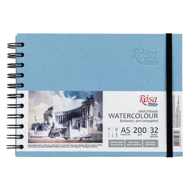 Блокнот для акварелі ROSA Studio Watercolor A5, 200 г/м², 32 арк., горизонтальний, на спіралі (блакитний)