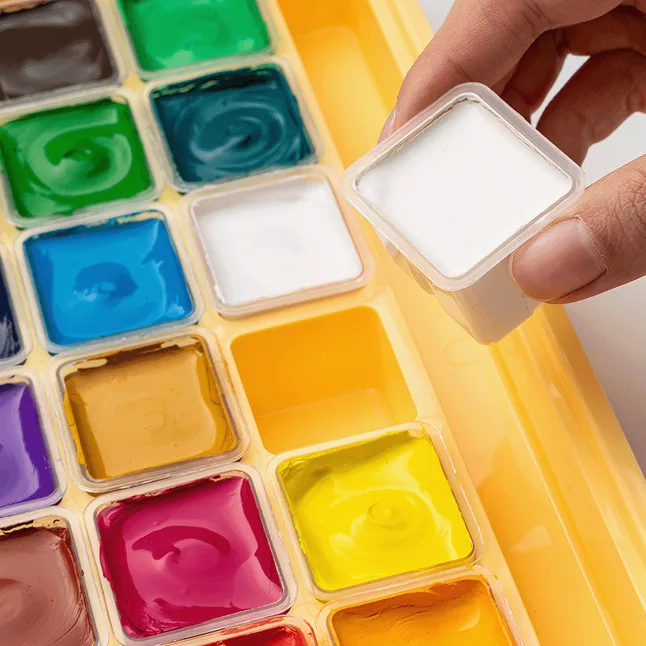 Набір гуашевих фарб HIMI Jelly Cup 18x30 мл, 3 пензлі, жовтий пластиковий пенал — Photo 4