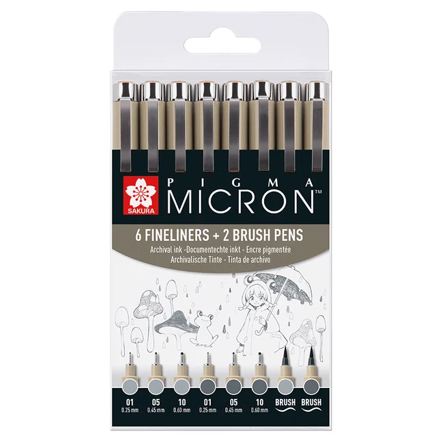 Набір лінерів PIGMA MICRON 8шт, (0.1/0.5/10/лінер-пензель Pigma Brush), Сірий/Сірий світлий, Sakura