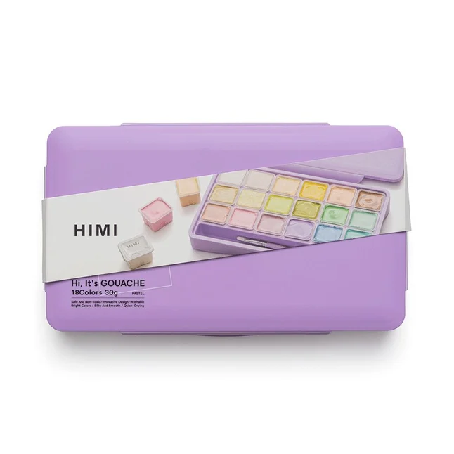 Набір гуашевих фарб HIMI Jelly Cup 18x30 мл, пастельні, 3 пензлі, фіолетовий пластиковий пенал — Photo 8
