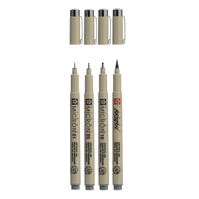 Набір лінерів PIGMA MICRON 4шт, (0.1/0.5/10/лінер-пензель Pigma Brush), Сірий, Sakura — Photo 2