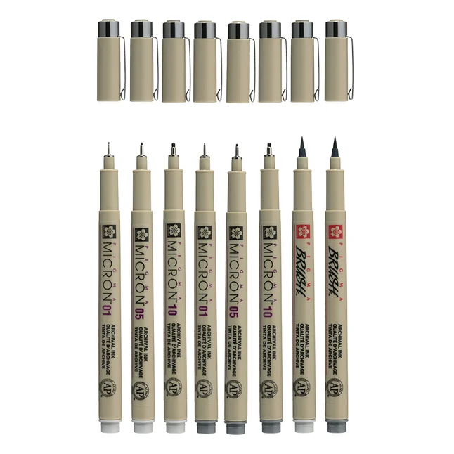 Набір лінерів PIGMA MICRON 8шт, (0.1/0.5/10/лінер-пензель Pigma Brush), Сірий/Сірий світлий, Sakura — Photo 2